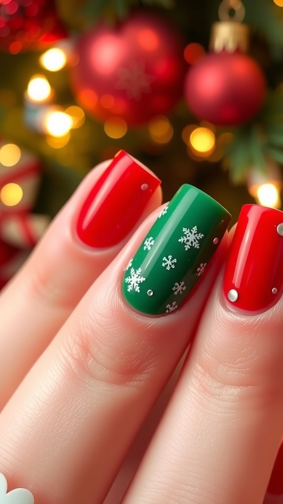 Festive Christmas Nail Art: One Green, One Red Christmas nails with one green and one red nail, decorated with glitter and stickers.